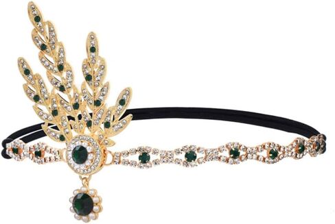 1920s Flapper Headpiece Roaring 20s Feather Headband Great Chain Hair Accessories Vintage Wedding Leaf Pearl (Black) in Saudi Arabia