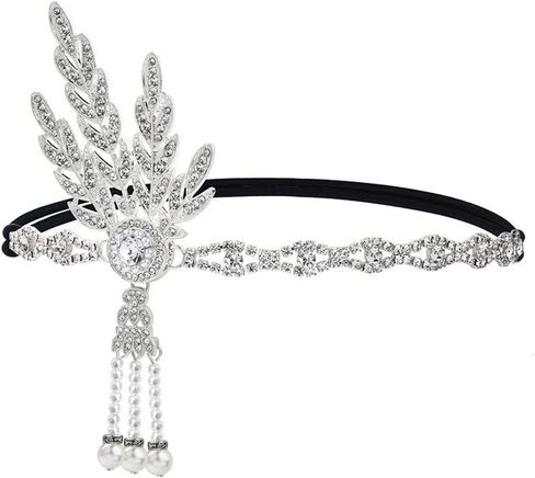 1920s Flapper Headpiece Roaring 20s Feather Headband Great Chain Hair Accessories Vintage Wedding Leaf Pearl (Black) in Saudi Arabia
