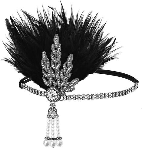 1920s Flapper Headpiece Roaring 20s Feather Headband Great Chain Hair Accessories Vintage Wedding Leaf Pearl (Black) in Saudi Arabia