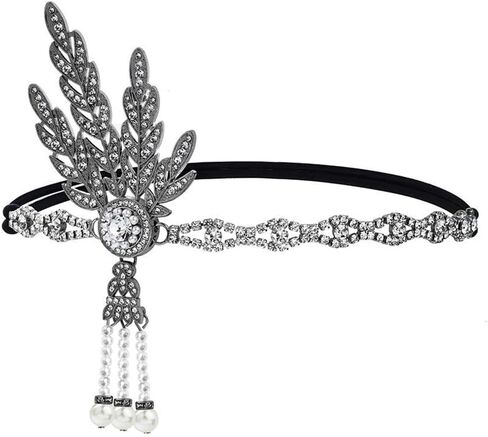 1920s Flapper Headpiece Roaring 20s Feather Headband Great Chain Hair Accessories Vintage Wedding Leaf Pearl (Black) in Saudi Arabia