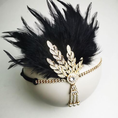 1920s Flapper Headpiece Roaring 20s Feather Headband Great Chain Hair Accessories Vintage Wedding Leaf Pearl (Black) in Saudi Arabia