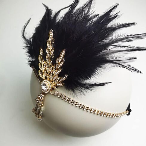 1920s Flapper Headpiece Roaring 20s Feather Headband Great Chain Hair Accessories Vintage Wedding Leaf Pearl (Black) in Saudi Arabia
