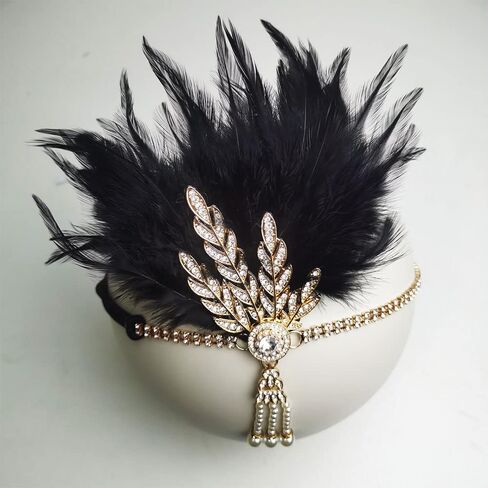 1920s Flapper Headpiece Roaring 20s Feather Headband Great Chain Hair Accessories Vintage Wedding Leaf Pearl (Black) in Saudi Arabia