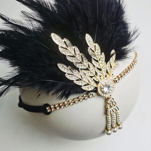 1920s Flapper Headpiece Roaring 20s Feather Headband Great Chain Hair Accessories Vintage Wedding Leaf Pearl (Black) in Saudi Arabia