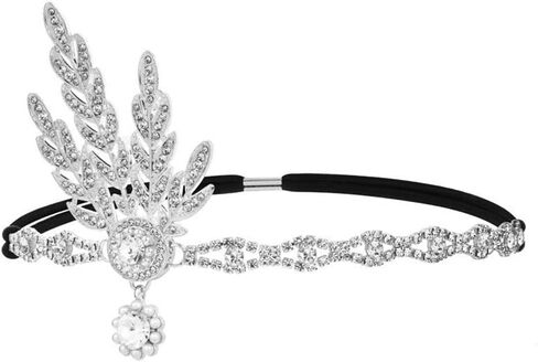 1920s Flapper Headpiece Roaring 20s Feather Headband Great Chain Hair Accessories Vintage Wedding Leaf Pearl (Black) in Saudi Arabia