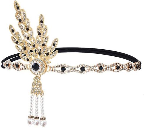 1920s Flapper Headpiece Roaring 20s Feather Headband Great Chain Hair Accessories Vintage Wedding Leaf Pearl (Black) in Saudi Arabia