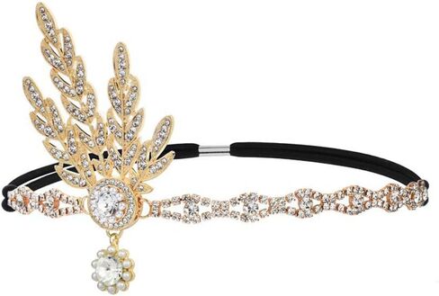 1920s Flapper Headpiece Roaring 20s Feather Headband Great Chain Hair Accessories Vintage Wedding Leaf Pearl (Black) in Saudi Arabia