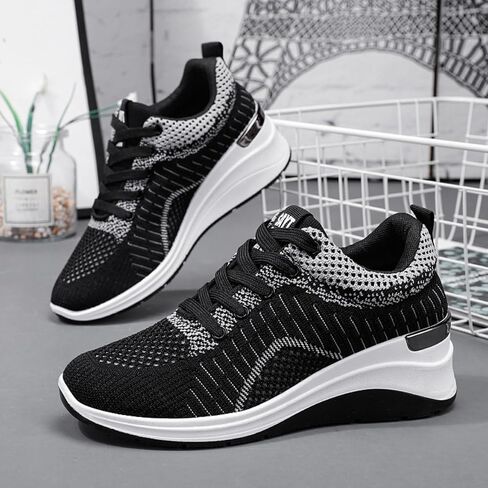 Women's Knitted Mesh Wedge Lace-up Sports Shoes with Arch Support Comfortable Heightened Thick Casual Orthopedic Walking Shoes Outdoor Non-Slip Lightweight Running Tennis Shoes in Saudi Arabia