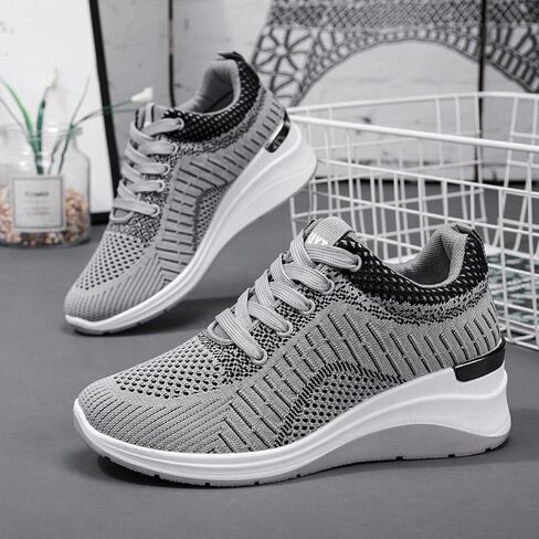 Women's Knitted Mesh Wedge Lace-up Sports Shoes with Arch Support Comfortable Heightened Thick Casual Orthopedic Walking Shoes Outdoor Non-Slip Lightweight Running Tennis Shoes in Saudi Arabia