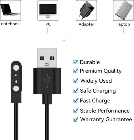 شاحن بديل مخصص لـ Slothcloud H99 Plus/H97 Pro/H97 كابل شاحن الساعة الذكية USB سلك شحن مغناطيسي محمول متوافق مع شاحن ساعة Slothcloud للأطفال (أسود وأسود) in Saudi Arabia