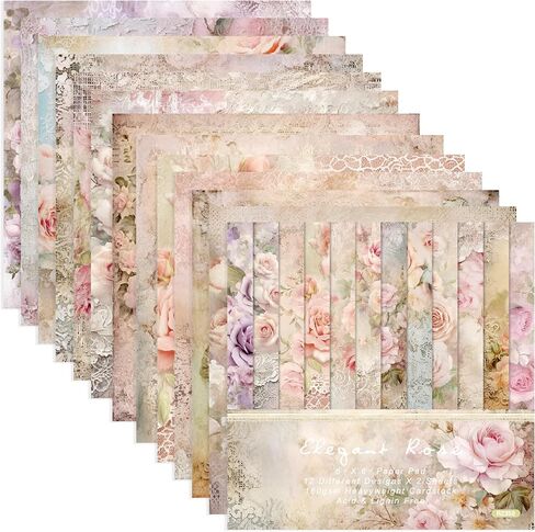 Scrapbook Paper Pack, Pink Watercolor Rose Flower Pattern 6 Inches Single-Sided Decopodge Paper, Spring Floral Decorative Supplies for Card Making Album Background - 24 Sheets (R2332) in Saudi Arabia