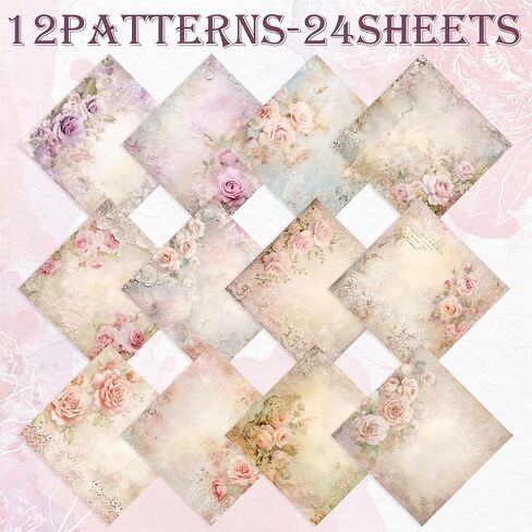 Scrapbook Paper Pack, Pink Watercolor Rose Flower Pattern 6 Inches Single-Sided Decopodge Paper, Spring Floral Decorative Supplies for Card Making Album Background - 24 Sheets (R2332) in Saudi Arabia