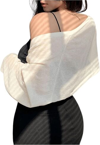 Women's Open Front Cropped Cardigan Sheer Lightweight Long Sleeve Bolero Shrug Drop Shoulder Sweater in Saudi Arabia