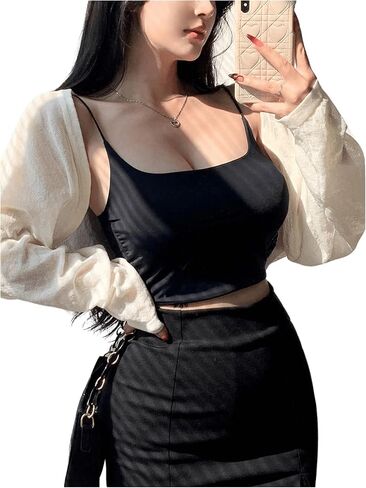 Women's Open Front Cropped Cardigan Sheer Lightweight Long Sleeve Bolero Shrug Drop Shoulder Sweater in Saudi Arabia