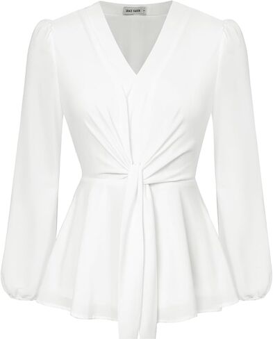 GRACE KARIN 2024 Women's Elegant Peplum Tops V Neck Tie Front Long Sleeve Shirts Tops Blouse in Saudi Arabia