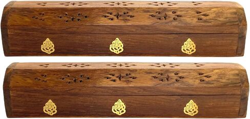 2 Pack Wooden Coffin Incense Sticks Burner - 12 Inches Brass Inlays - Storage Compartment (Buddha) in Saudi Arabia