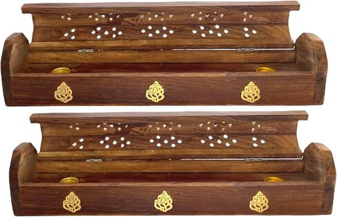 2 Pack Wooden Coffin Incense Sticks Burner - 12 Inches Brass Inlays - Storage Compartment (Buddha) in Saudi Arabia