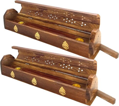 2 Pack Wooden Coffin Incense Sticks Burner - 12 Inches Brass Inlays - Storage Compartment (Buddha) in Saudi Arabia