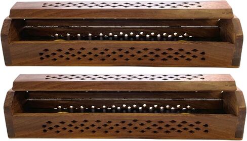 2 Pack Wooden Coffin Incense Sticks Burner - 12 Inches Brass Inlays - Storage Compartment (Buddha) in Saudi Arabia