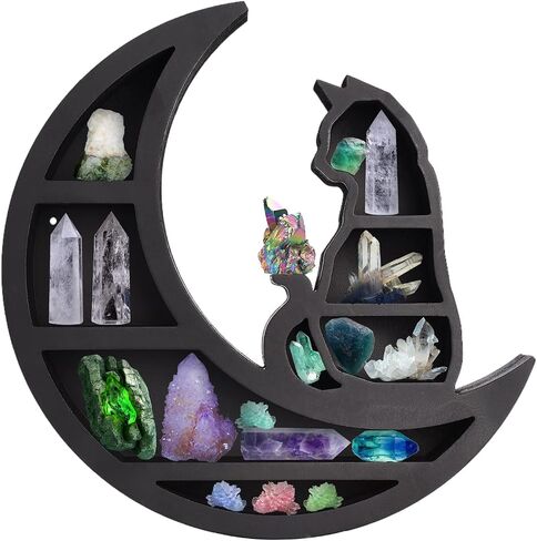 Cat Wooden Crystal Display Shelf, Cute Moon Phase Crystal Shelf, Wall Mounted Floating Shelves, Crescents Moon Phase Shelf for Crystals Stone, Essential Oil, Small Plant Art, Gothic Witchy Home(Cat) in Saudi Arabia