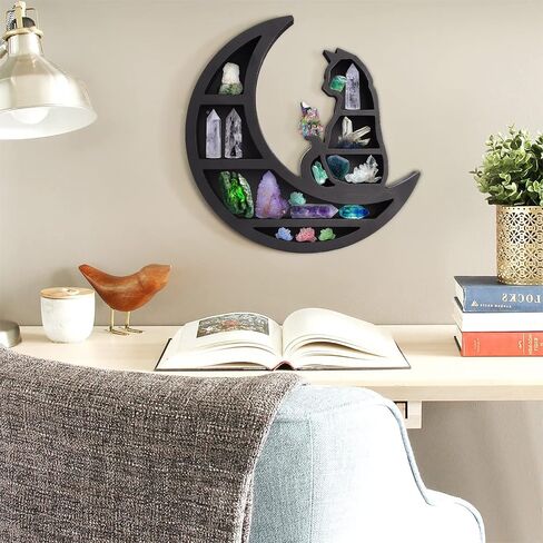 Cat Wooden Crystal Display Shelf, Cute Moon Phase Crystal Shelf, Wall Mounted Floating Shelves, Crescents Moon Phase Shelf for Crystals Stone, Essential Oil, Small Plant Art, Gothic Witchy Home(Cat) in Saudi Arabia