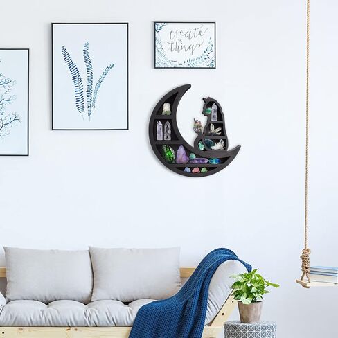 Cat Wooden Crystal Display Shelf, Cute Moon Phase Crystal Shelf, Wall Mounted Floating Shelves, Crescents Moon Phase Shelf for Crystals Stone, Essential Oil, Small Plant Art, Gothic Witchy Home(Cat) in Saudi Arabia