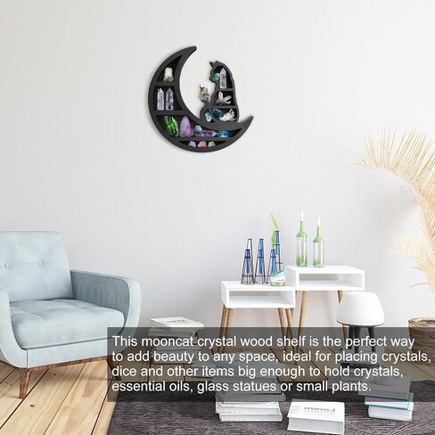 Cat Wooden Crystal Display Shelf, Cute Moon Phase Crystal Shelf, Wall Mounted Floating Shelves, Crescents Moon Phase Shelf for Crystals Stone, Essential Oil, Small Plant Art, Gothic Witchy Home(Cat) in Saudi Arabia