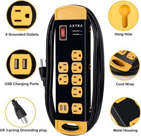 شريط طاقة معدني مزود بـ 8 منافذ مع منافذ USB، وسلك تمديد عالي التحمل بطول 9 أقدام، 1800 جول، 1875 وات/15 أمبير قابل للتركيب على الحائط للمنزل والمكتب والمدرسة وسطح المكتب للكمبيوتر [مدرج في قائمة ETL] in Kuwait