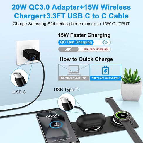 محطة شحن لاسلكية Samsung S24 Ultra 3 في 1، لوحة شحن سريعة قابلة للطي للسفر، كتلة شاحن USB C Android لهاتف Samsung Galaxy S24 S23 FE S22 S21 S20 Z Flip Fold 5 Watch 6 Classic 5 Pro 4 Buds 2 in Kuwait