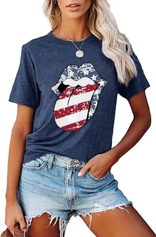 EIGIAGWNG Womens American Flag Lips T-Shirt Funny July 4th Independence Day Graphic Tees Tops in Saudi Arabia
