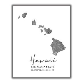 Hawaii State Map Wall Art Print - 8x10 Silhouette Decor Print with Coordinates. Makes a Great Aloha State-Themed Gift. Shades of Grey, Black & White.