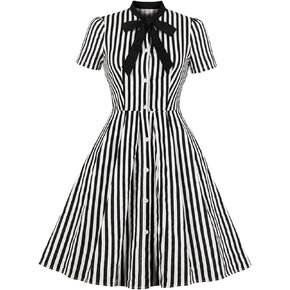 Women 1950s Vertical Striped Dress Halloween Costume Vintage Buttons Tie Rockabilly Pinup Dress 50s Cosplay Outfits