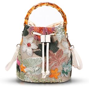 Crossbody Bags for Women, Beach Bag, Hand Embroidered Tot Bag, Natural Bamboo carry handle Bucket bag, Bohemian Handbags for Women Vacation Travel Daily Matching(Silver Flowers)