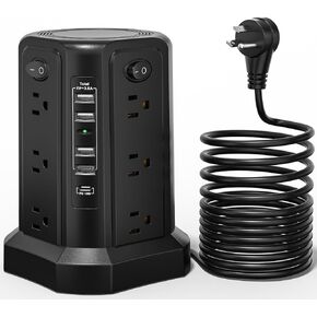 Angled Flat Plug 12 AC Outlets Power Strip Tower with USB C Port(PD18W), Surge Protector Power Tower with 5 USB Ports, 10FT Extension Cord Desktop Power Strip for Home Office DormRoom