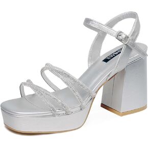 Chunky Platform High Heel Sandals for Women, Rhinestone Heels Open Toe with Ankle Strap Block Heels for Party Prom Dance Dress