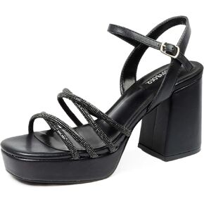 Chunky Platform High Heel Sandals for Women, Rhinestone Heels Open Toe with Ankle Strap Block Heels for Party Prom Dance Dress