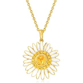Ross-Simons 1.10 ct. t.w. Citrine and White Enamel Daisy Pendant Necklace in 18kt Gold Over Sterling. 18 inches