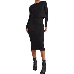Lauweion Women Casual 2 Piece Dress Outfits Long Sleeve Crewneck Ribbed Knit Crop Sweater and Bodycon Midi Dress Set in Kuwait