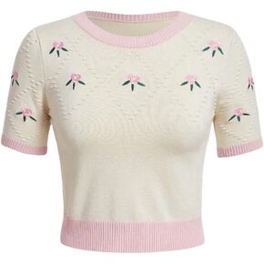 Verdusa Women's Colorblock Embroidery Short Sleeve Round Neck Sweaters Pullover Knit Tops