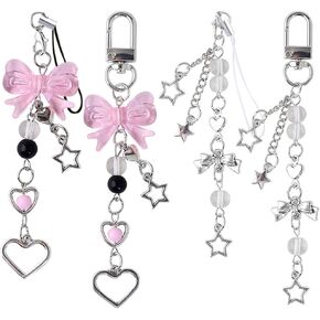 4pcs Silver Star Bow Phone Charm Cute Keychain Charms Pink Bow Heart Pendant Cell Phone Charms Strap Alloy Bowknot Star Key Chain Y2K Accessories for Phones Backpacks Bows Stars Keychains Bag Charms