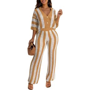 KANSOON Womens 2 Piece Outfits Summer Crochet Knit Short Sleeve Button Down Shirt Wide Leg Pants Beach Vacation Sets
