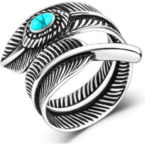 Turquoise Feather Rings for Women Mens Feather Turquoise Silver Ring Vintage Boho Turquoise Rings for Women & Men Thumb Spoon Rings Stacking Ring Teen Gift Turquoise Jewelry Size 7-12