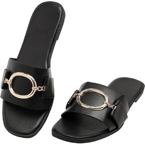 Women's Flat Slippers square open toe slide Shoes Summer dressy sandals for women.