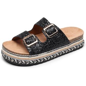 Womens Sandals Cork Footbed Slide Comfortable Summer Beach Shoes Platform Suede Leather with Arch Support Slippers Adjustable Buckle Rubber Sole