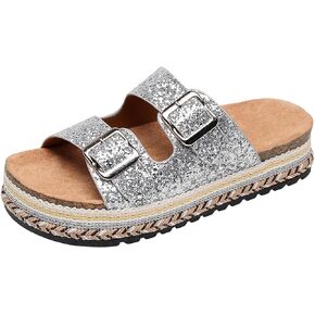 Womens Sandals Cork Footbed Slide Comfortable Summer Beach Shoes Platform Suede Leather with Arch Support Slippers Adjustable Buckle Rubber Sole