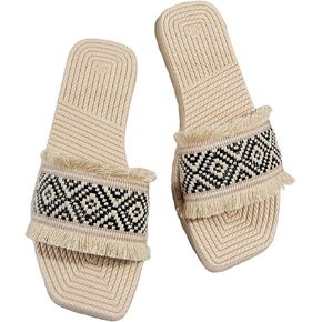 Verdusa Women's Fringe Trim Square Open Toe Flat Summer Slide Sandals Beach Shoes
