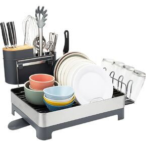 Dish Drying Rack, Stainless Steel Dish Rack Drainers for Kitchen Counter with 360° Swivel Spout and Drainboard, Fingerprint-Proof Dish Drainers with Utensil Holder, Kitchen Sink Organizer