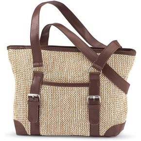 Woven Straw Handbag for Women, Purse for Summer and Beach, Shoulder Bag with Multiple Pockets, Top Zip Closure