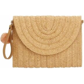 Straw Clutch Straw Shoulder Bag for Women, Beach Handmade Straw Crossbody Bag Summer Straw Purses with PomPom for Women