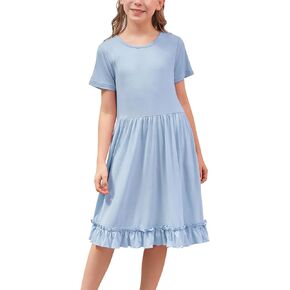 فستان GORLYA للفتيات كاجوال فضفاض على شكل حرف A بحاشية مكشكشة متأرجحة مع جيوب لعمر 4-14 سنة in Kuwait